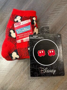 Disney Women's Cozy Red Mickey Socks & Mickey Stud Earrings Set